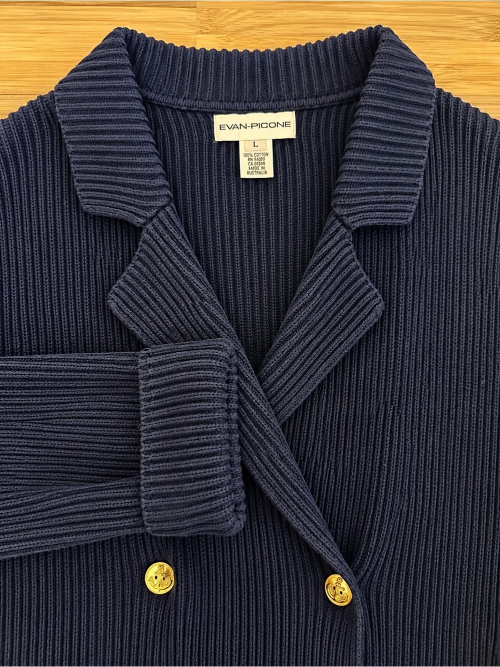 Evan Picone Navy Cotton Nautical Blazer Cardigan Gold Anchor Buttons L